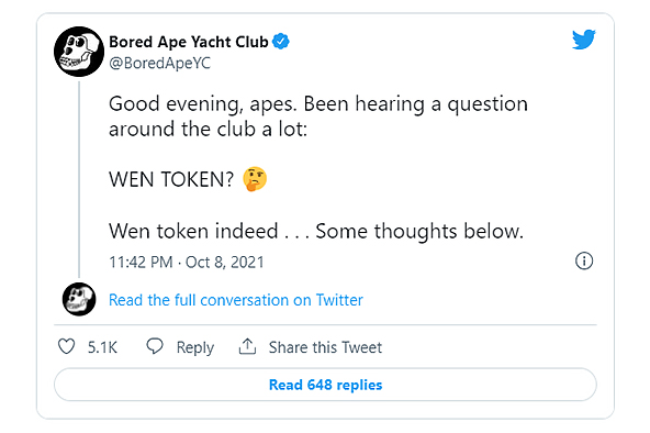 توئیت Bored Ape Yacht Club درباره توکن APE
