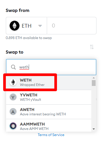 در بخش Swap to گزینه WETH را پیدا کنید.